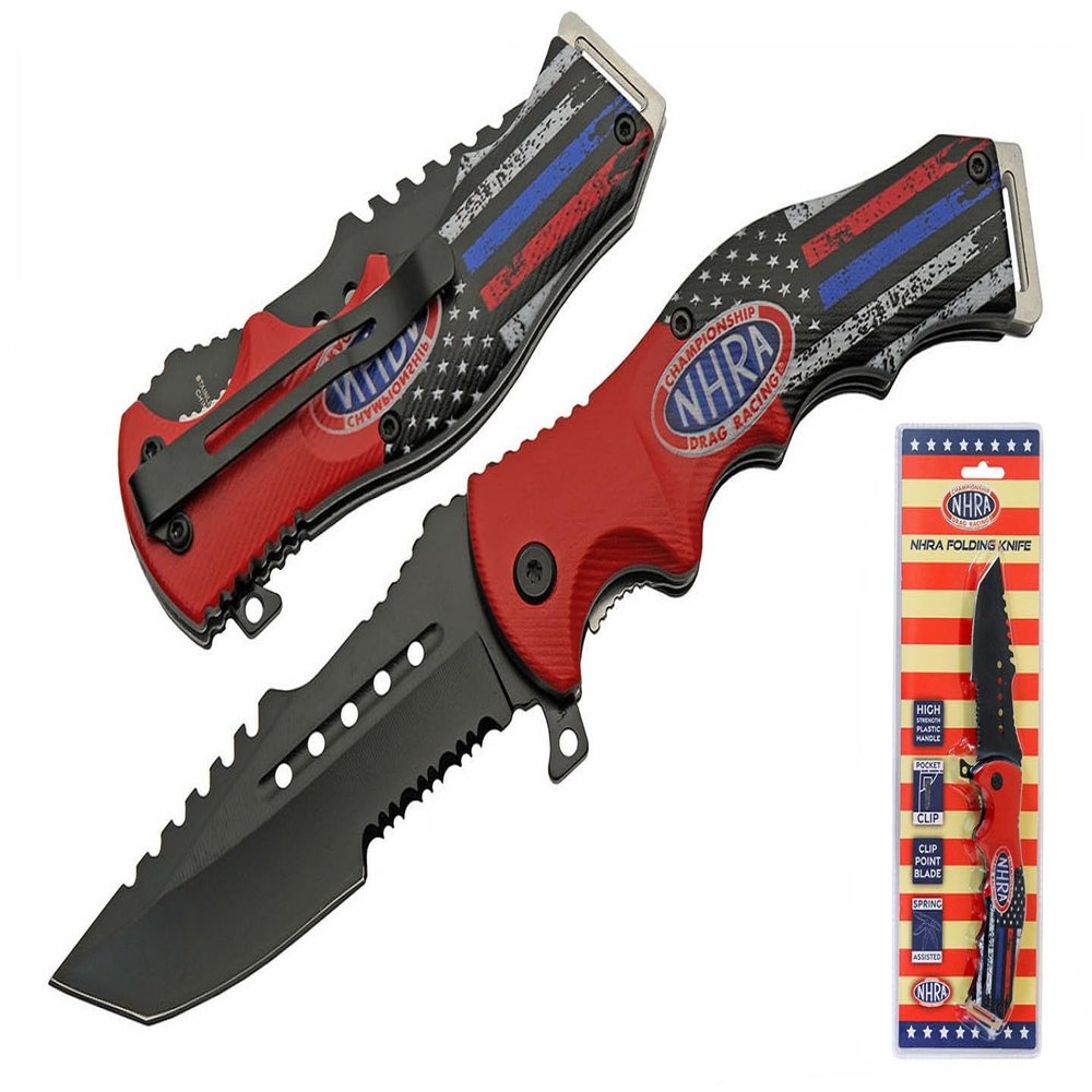 8" Nhra Half American Flag Pocket Folding Edc Camping Knife Black Clip Point Stainless Steel Blade Abs Handle With 3D Printed American Flag