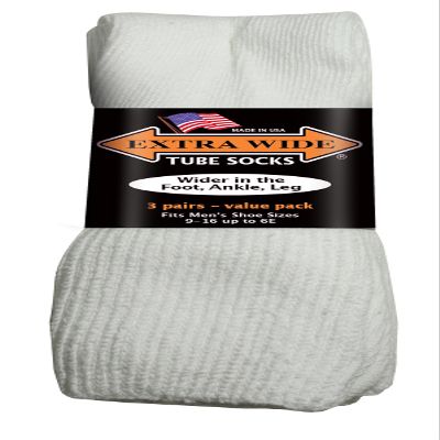 Extra Wide Tube Socks White Fit Shoes 9-15 Up to 6E 3-Pair Pack Made in USA