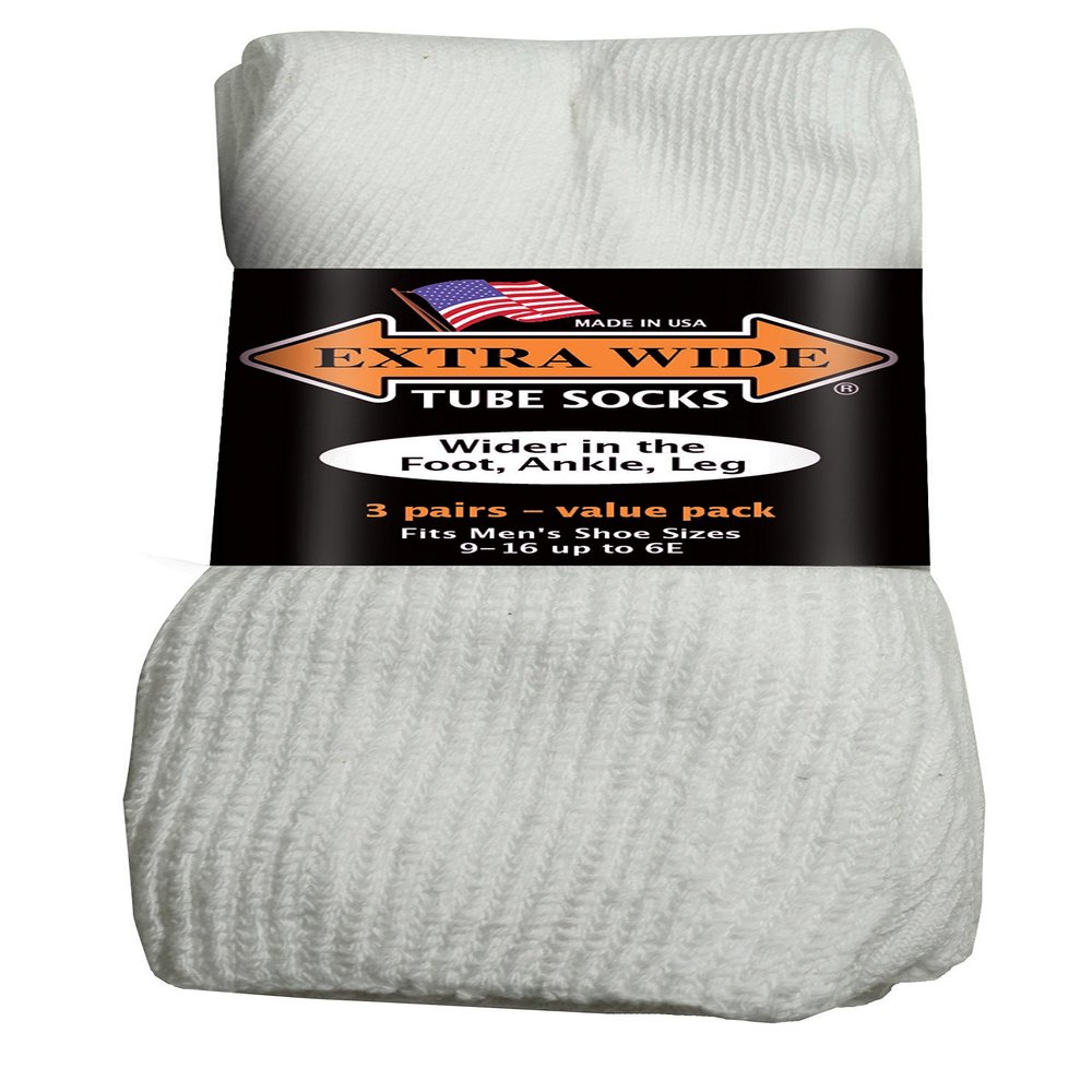 Extra Wide Tube Socks White Fit Shoes 9-15 Up to 6E 3-Pair Pack Made in USA