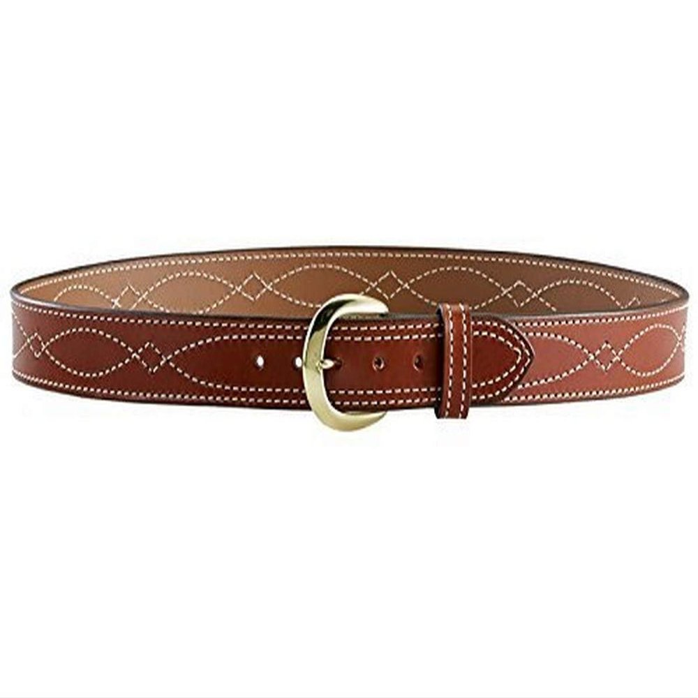 Aker Leather B13 Fancy Stitch Belt, Tan 1-3/4" Width Dress Belt with Decorative Gunfighter Stitch, Leather Lined with Polished Brass Buckle, 32 Inch Length Compatible with Holsters, Made in USA