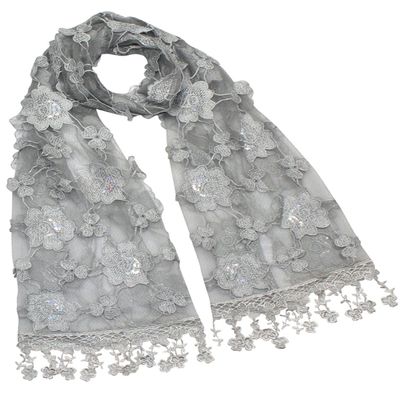 Hand Embroidered Rose & Trillium Flower Shining Sequin Lace Scarf Shawl - Gray