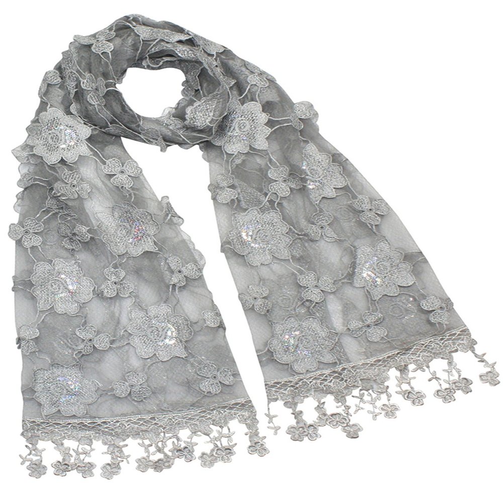 Hand Embroidered Rose & Trillium Flower Shining Sequin Lace Scarf Shawl - Gray