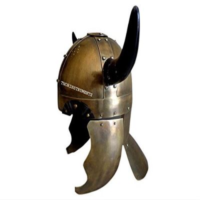 Viking Barbarian Warrior Helmet Medieval Armor with Horns Brass Finish Rustic Vintage Home Decor Gifts