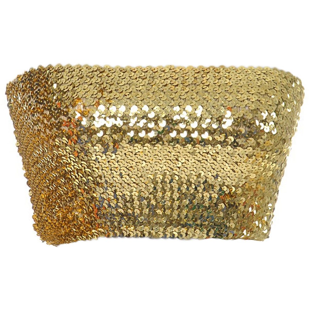 Anna-Kaci Womens Shiny Sequin Party Cropped Strapless Bandeau Stretch Tube Top, Gold, Small - Medium