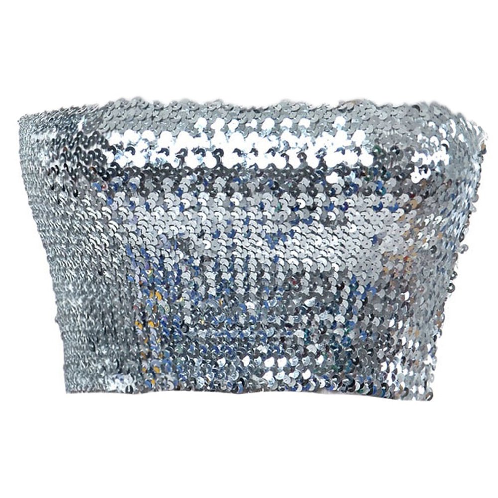 Anna-Kaci Womens Sequin Shiny Strapless Elastic Bandeau Party Tube Top,Silver,Small/Medium