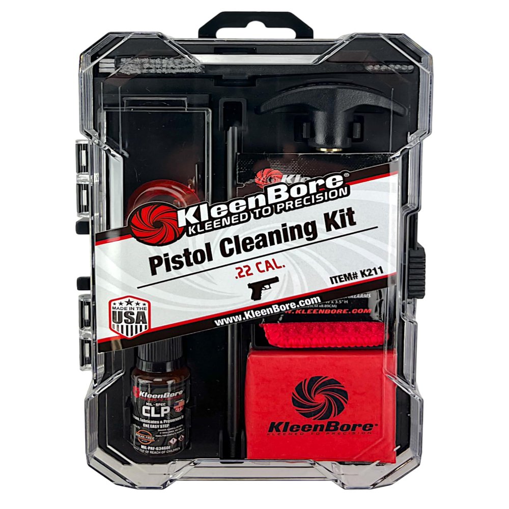 KleenBore .22 Cal Pistol Cleaning Kit Handgun Cleaning Kit with Steel Rod, Bore Brush, Jag, CLP & Patches