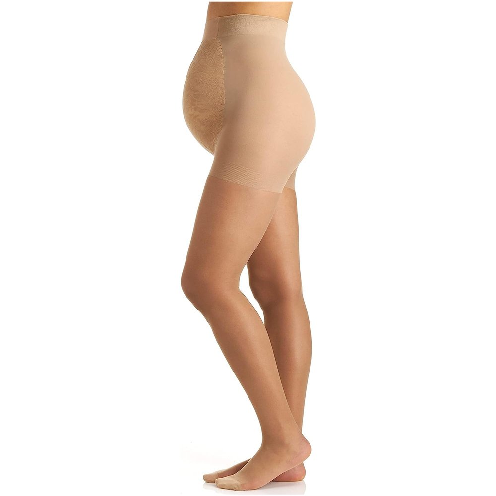 Berkshire Women's Maternity Light Support Pantyhose 5700 - Maternity Tights Over The Belly - Motherhood Hosiery, Lace Belly Panels, Reinforced Toe, 30 Denier - Pregnant Women Stocking - City Beige, B