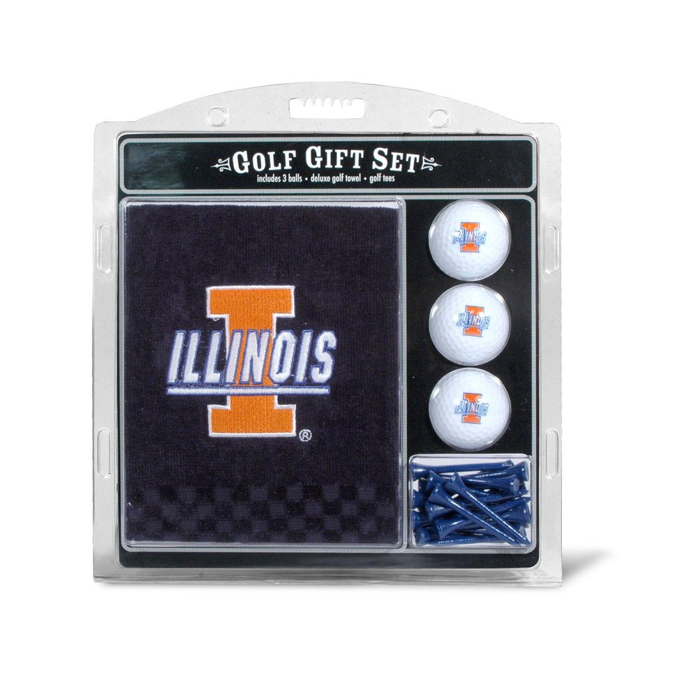 Team Golf NCAA Illinois Fighting Illini Embroidered Golf Towel, 3 Golf Ball, and Golf Tee Set Gift Set Embroidered Golf Towel, 3 Golf Balls, and 14 Golf Tees 2-3/4" Regulation, Tri-Fold Towel 16" x 22" & 100% Cotton
