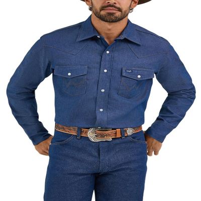 Wrangler Men's Cowboy Cut Western Long Sleeve Snap Work Shirt Firm Finish, Indigo, 4X-Large