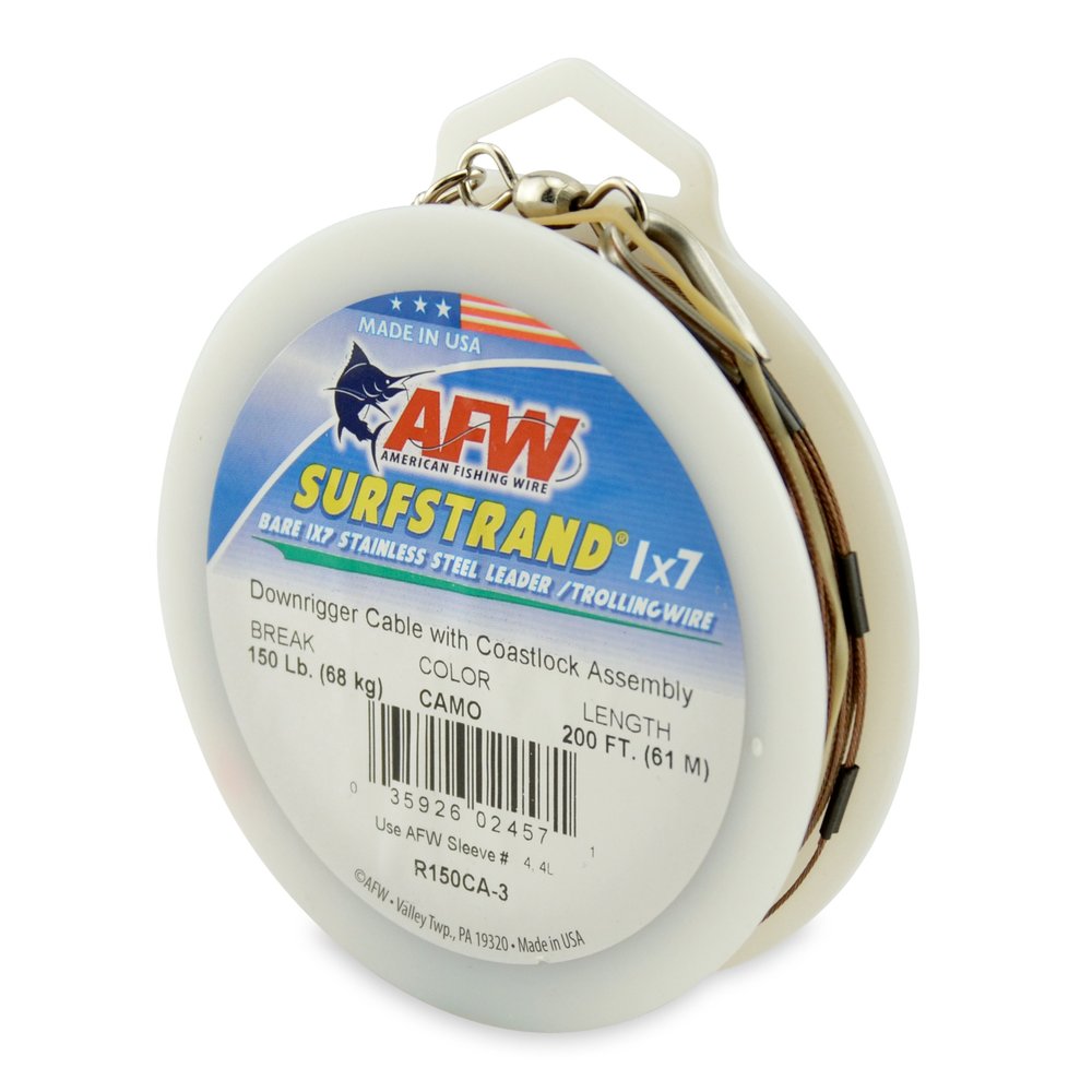 American Fishing Wire Surfstrand 1x7 Stainless Steel Downrigger Wire (Coastlock Assembly), 150 Pound Test, Camo Brown Color, 200-Feet