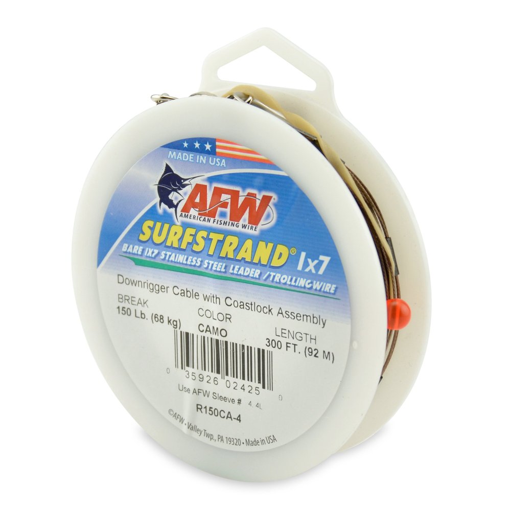 American Fishing Wire Surfstrand 1x7 Stainless Steel Downrigger Wire (Coastlock Assembly), 150 Pound Test, Camo Brown Color, 300-Feet