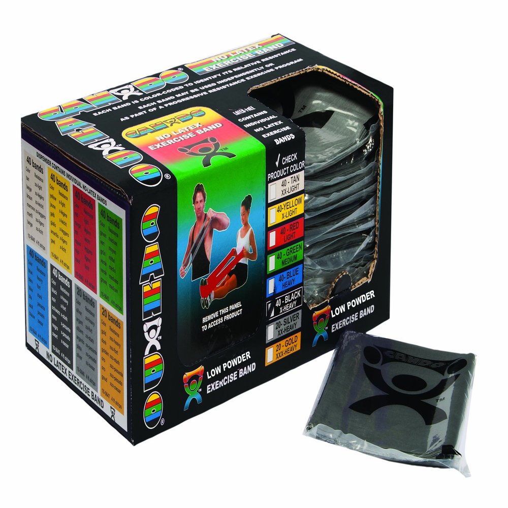 CanDo Singles Low Powder Exercise Band, 4-foot singles, Black: X-Heavy (40 count)