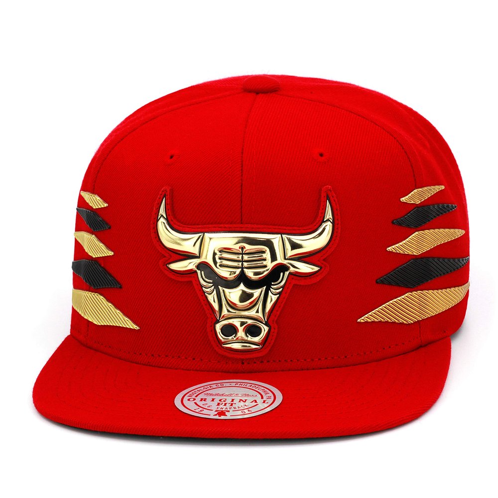 Mitchell & Ness Chicago Bulls Snapback Hat Cap Red/Gold & Black Diamond Side Foil (Patent Leather)