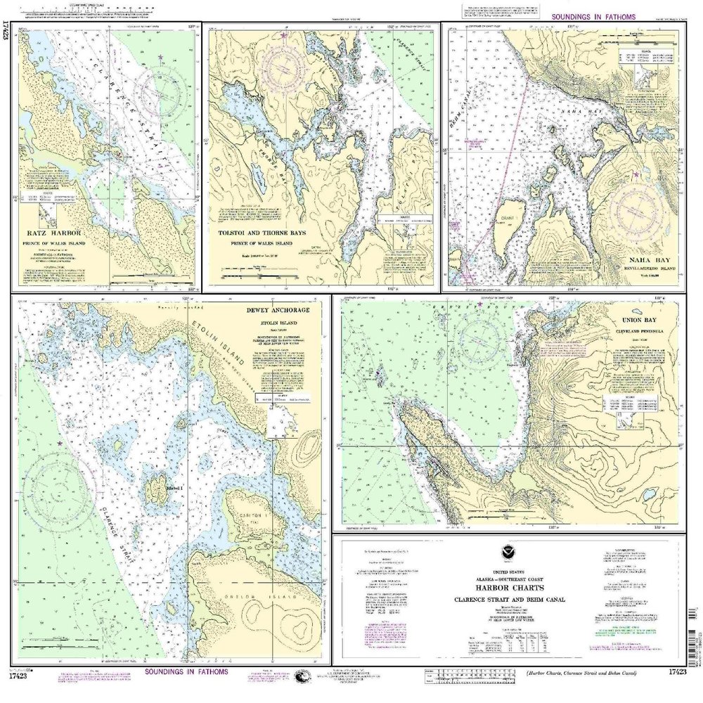 17423--Harbor Charts - Clarence Strait and Behm Cannal, Dewey Anchorage, Etolin Island, Ratz Harbor, Prince of Wales Island, Naha Bay, Revillagigedo Island, Tolstoi and Thorne Bays, Prince of Wales Island, Union bay, Cleveland Peninsula