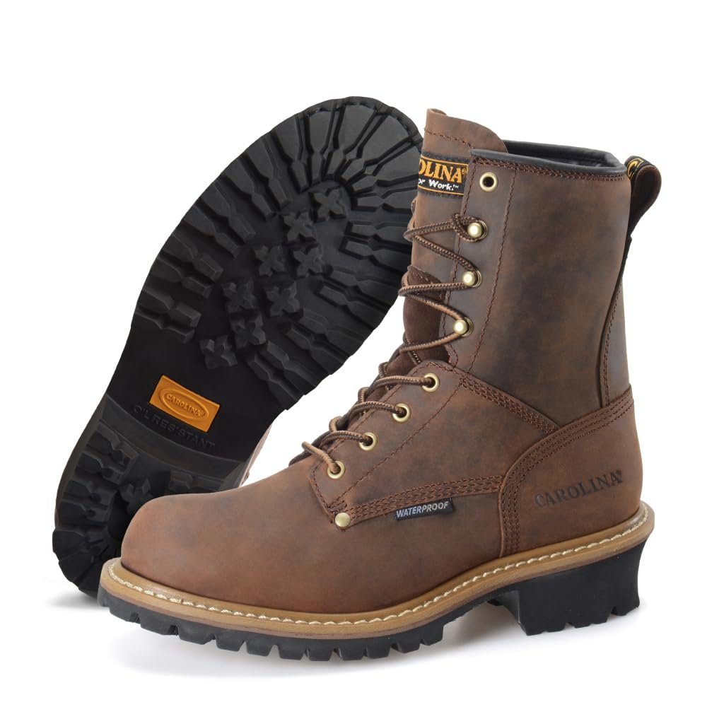 Carolina 8" Steel Toe Logger Boots - Waterproof Logger Boot for Men - Memory Foam Comfort Mens Work Shoes - Slip-Resist Work Footwear for Men EH Rated - Welt Construction - Brown - 8.5