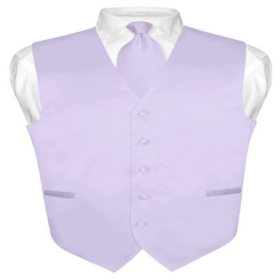 Vesuvio Napoli Men's Dress Vest & NeckTie Solid Lavender Purple Color Neck Tie Set sz S