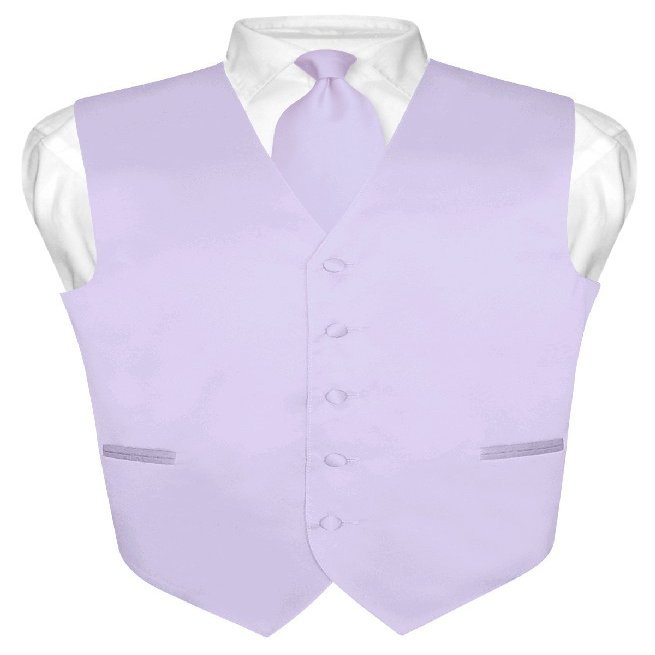 Vesuvio Napoli Men's Dress Vest & NeckTie Solid Lavender Purple Color Neck Tie Set sz S