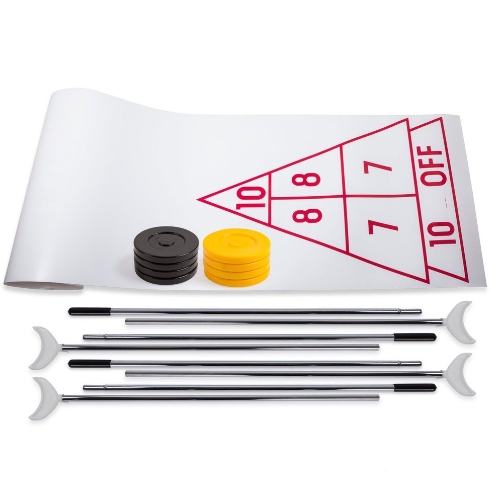 Champion Sports Economy Shuffleboard Set: Indoor Outdoor Game - 8 Pucks 4 Cue Sticks & Plastic Court, 30 x 180"