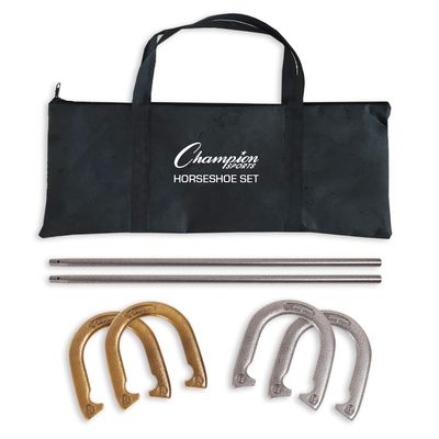 Champion Sports Classic Horseshoe Set: Traditional Outdoor Lawn Game includes Four Professional Solid Steel Horseshoes with Solid Steel Stakes & Carrying Case