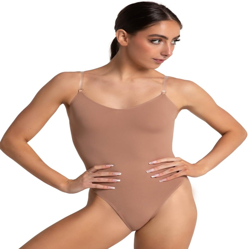 Capezio Women's Camisole Leotard with Clear Transition Straps, Suntan, Medium