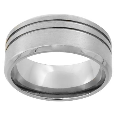 9mm Titanium Pipe Cut Wedding Band Ring for Men 2 Stripes Beveled Edges Brushed Finish Comfort Fit Size 14