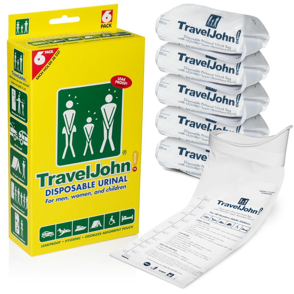 TravelJohn Disposable Urinal Bags 28oz (6 Pack)  Road Trip Essentials for Men, Women & Kids  Odorless Leakproof Portable Urine Bags  Ideal for Camping, Emergencies & Long Car Rides (TJ1A-C)