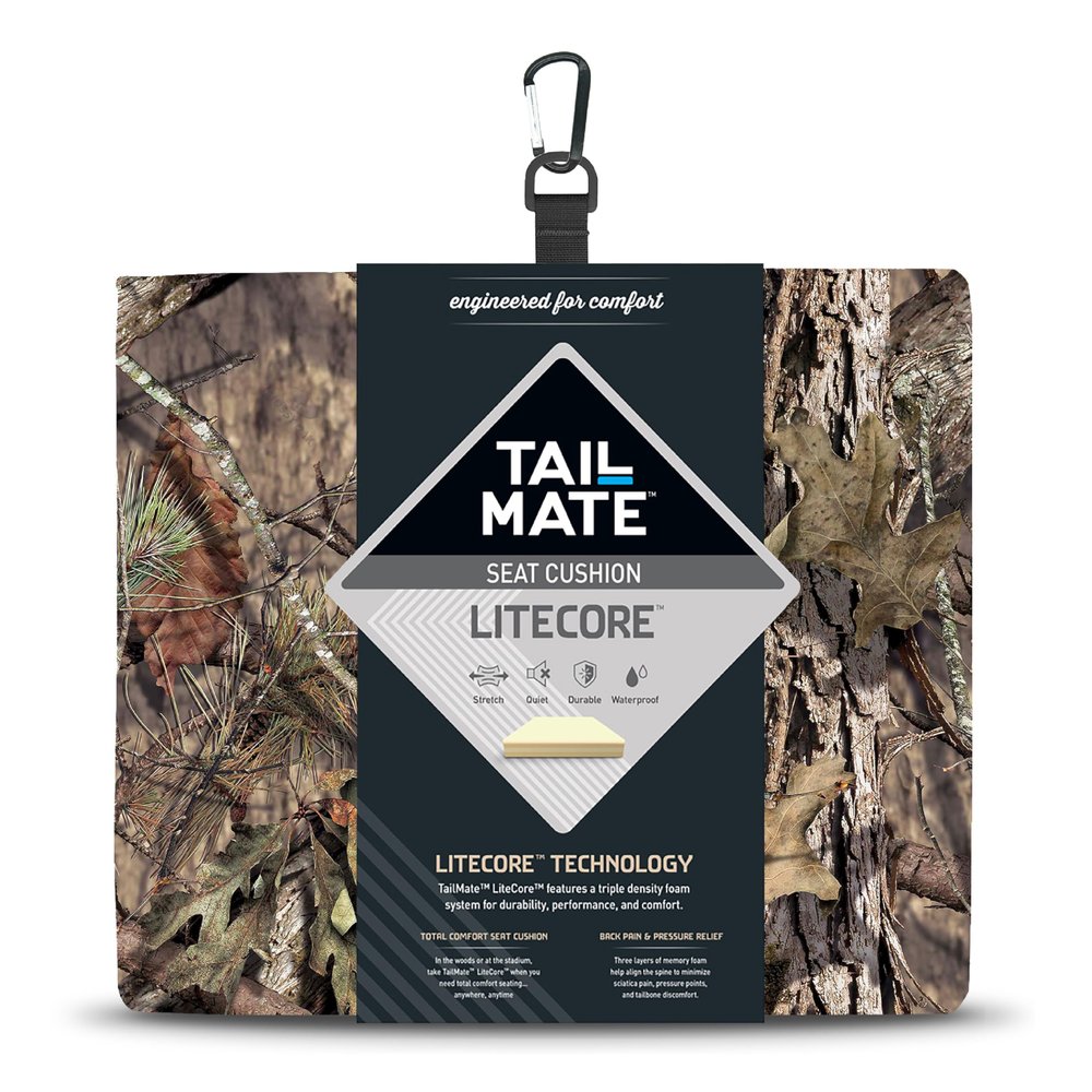 Tail Mate LiteCore Premium Seat Cushion with Memory Foam for Stadium Seats, Office, Home, Car, Hunting, Travel, and More, Mossy Oak