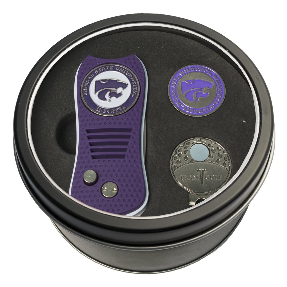 Team Golf NCAA Kansas State Wildcats Tin Gift Set with Retractable Divot Tool, Cap Clip, and Ball Marker Gift Set Retractable Divot Tool, Cap Clip, & 2 Double-Sided Enamel Ball Markers, Patented Design, Less Damage to Greens, Retractable Mechanism