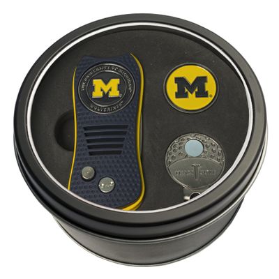 Team Golf NCAA Michigan Wolverines Tin Gift Set with Retractable Divot Tool, Cap Clip, and Ball Marker Gift Set Retractable Divot Tool, Cap Clip, & 2 Double-Sided Enamel Ball Markers, Patented Design, Less Damage to Greens, Retractable Mechanism