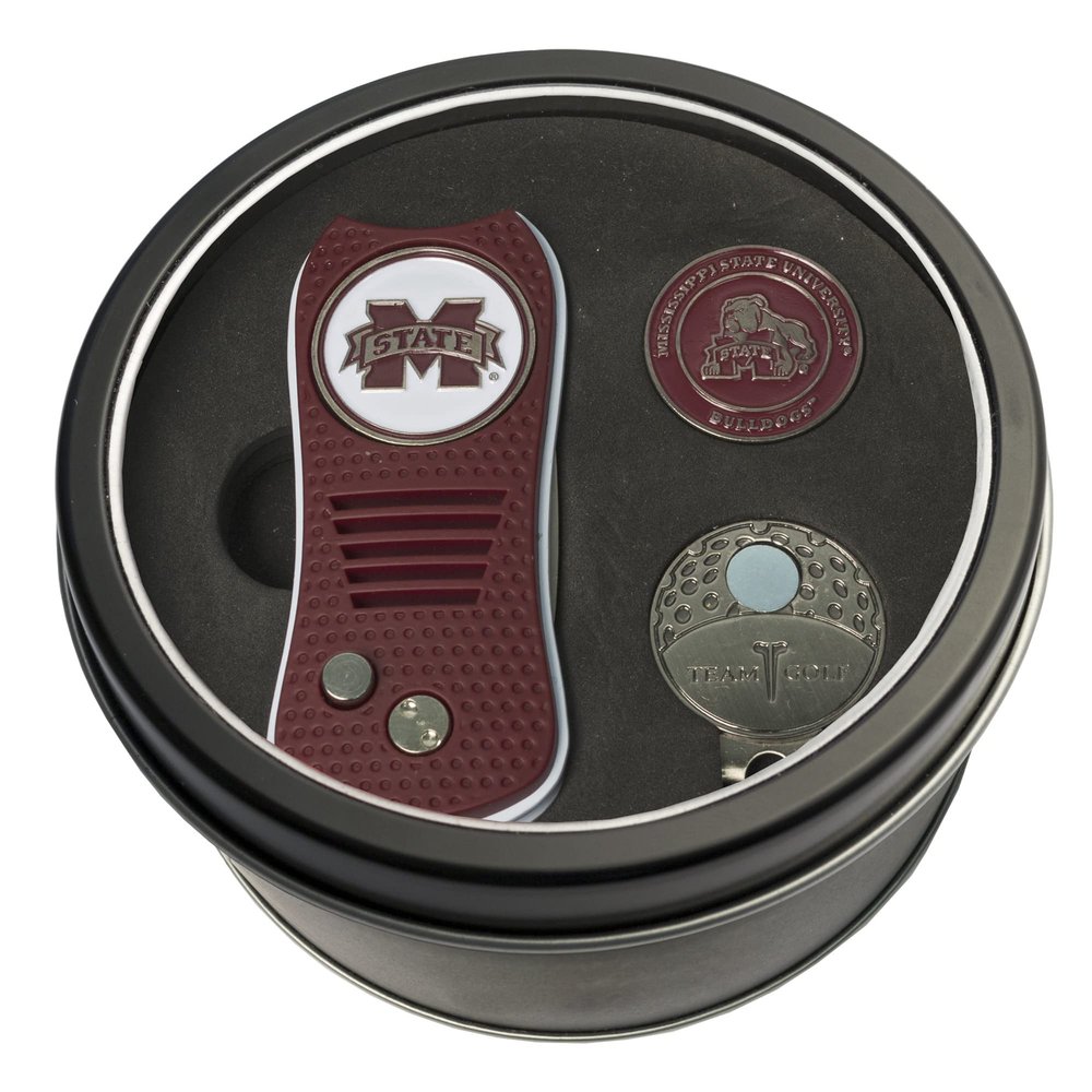 Team Golf NCAA Mississippi State Bulldogs Tin Gift Set with Retractable Divot Tool, Cap Clip, and Ball Marker Gift Set Switchblade Divot Tool, Cap Clip, & 2 Double-Sided Enamel Ball Markers, Patented Design, Less Damage to Greens, Switchblade Mechani