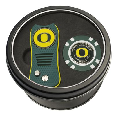 Team Golf NCAA Oregon Ducks Tin Gift Set with Retractable Divot Tool and Golf Chip Gift Set Retractable Divot Tool & Chip, Includes 2 Double-Sided Enamel Ball Markers, Patented Design, Less Damage to Greens, Retractable Mechanism