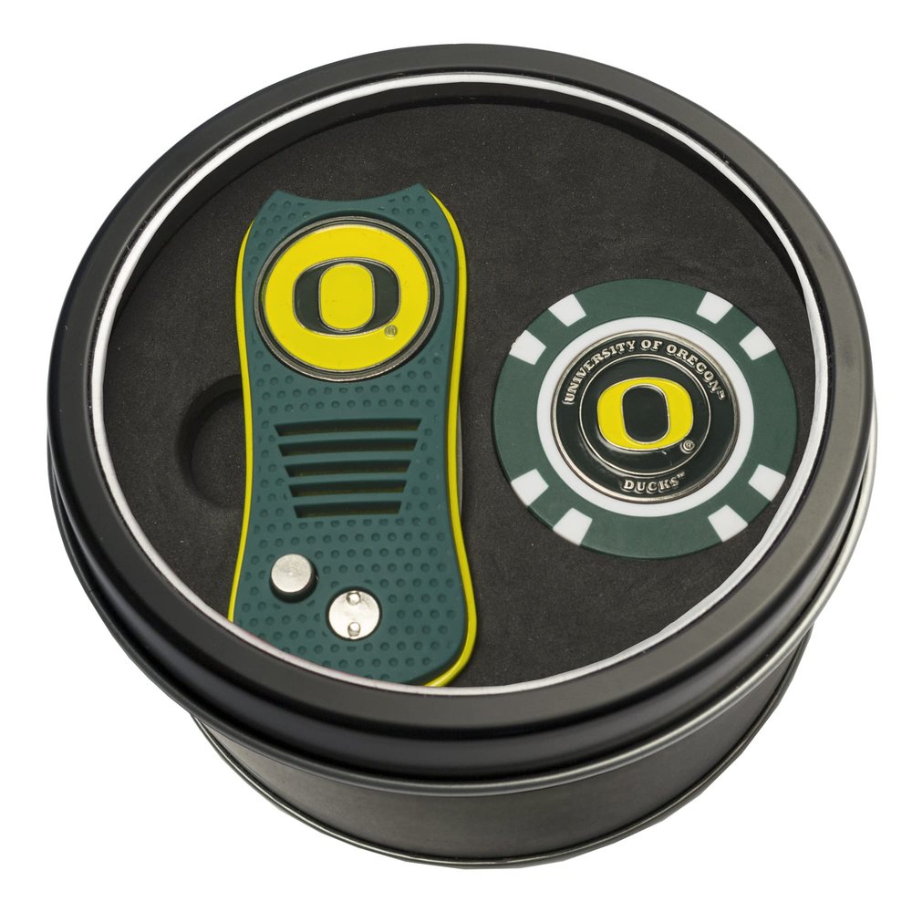 Team Golf NCAA Oregon Ducks Tin Gift Set with Retractable Divot Tool and Golf Chip Gift Set Retractable Divot Tool & Chip, Includes 2 Double-Sided Enamel Ball Markers, Patented Design, Less Damage to Greens, Retractable Mechanism