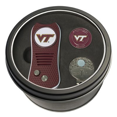 Team Golf NCAA Virginia Tech Hokies Tin Gift Set with Retractable Divot Tool, Cap Clip, and Ball Marker Gift Set Retractable Divot Tool, Cap Clip, & 2 Double-Sided Enamel Ball Markers, Patented Design, Less Damage to Greens, Retractable Mechanism