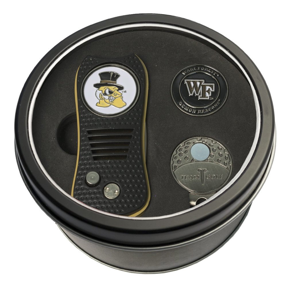 Team Golf NCAA Wake Forest Demon Deacons Tin Gift Set with Retractable Divot Tool, Cap Clip, and Ball Marker Gift Set Retractable Divot Tool, Cap Clip, & 2 Double-Sided Enamel Ball Markers, Patented Design, Less Damage to Greens, Retractable Mechanis