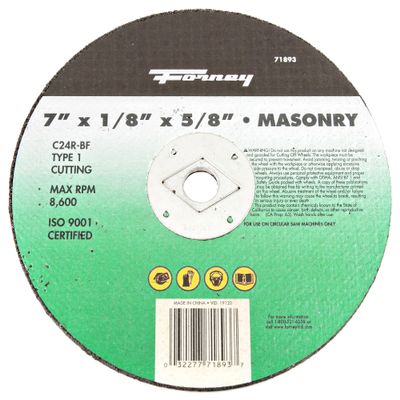 Forney 71893 Cut-Off Wheel with 5/8-Inch Arbor, Masonry Type 1, C24R-BF, 7-Inch-by-1/8-Inch