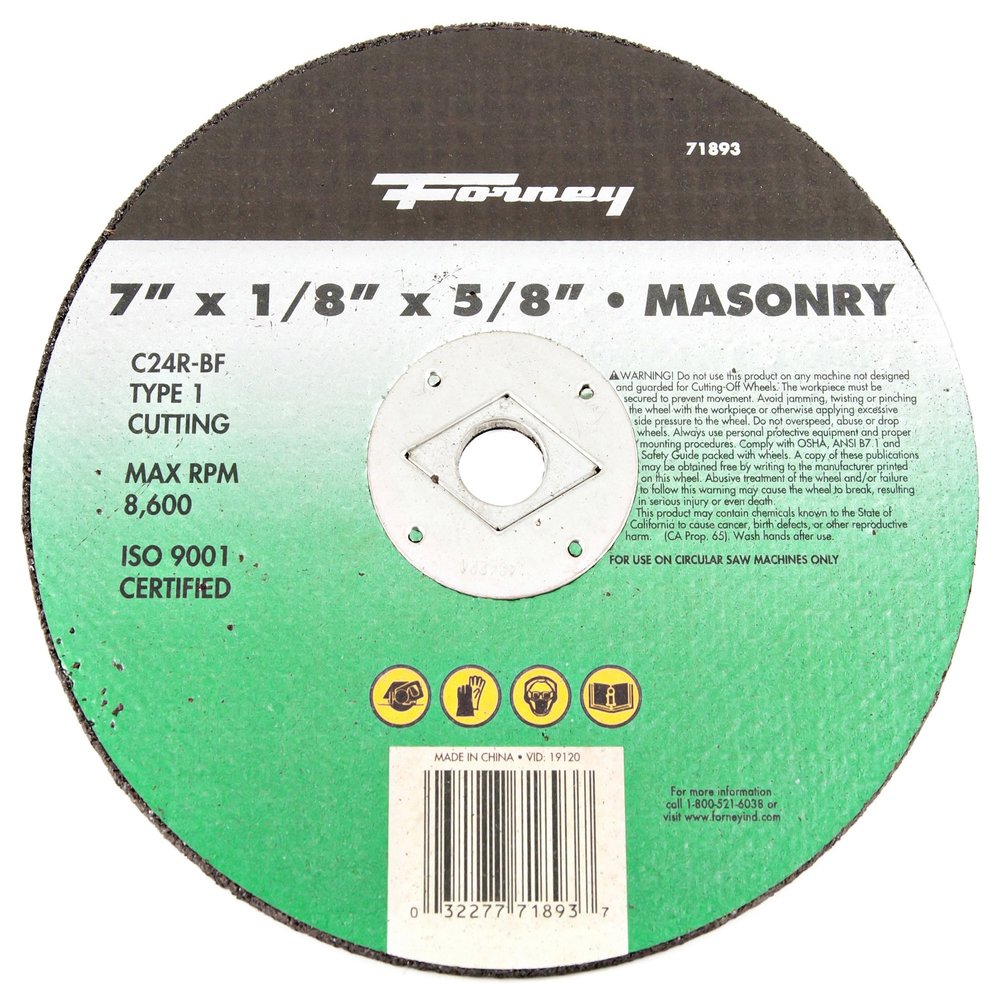 Forney 71893 Cut-Off Wheel with 5/8-Inch Arbor, Masonry Type 1, C24R-BF, 7-Inch-by-1/8-Inch