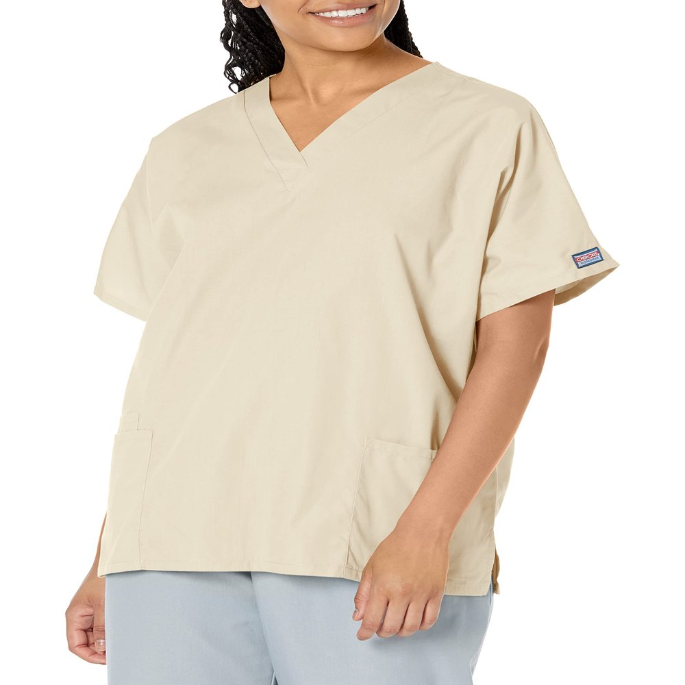 Cherokee Women's V Neck Scrubs Shirt, Khaki, Small