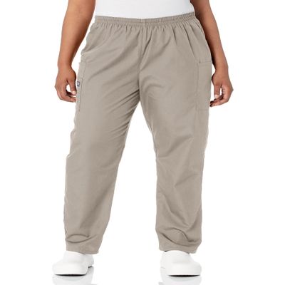 CHEROKEE Women's Workwear Elastic Waist Cargo Scrubs Pant, Khaki, Large-Petite