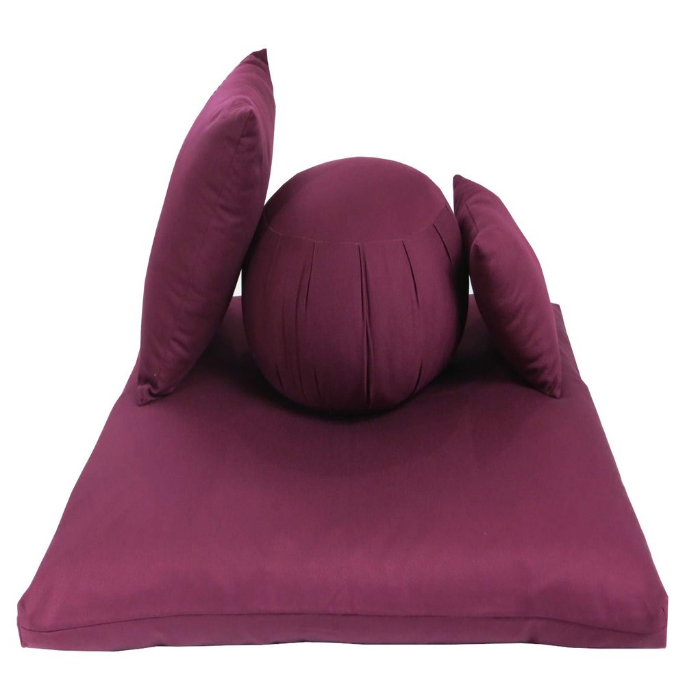 Kapok Zafu, Zabuton and Support Meditation Cushions Set (4pc), Burgundy