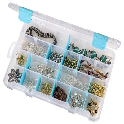 ArtBin 6847AG Medium Anti-Tarnish Box with Removable Dividers, Jewelry & Craft Organizer with Anti-Tarnish Technology, [1] Plastic Storage Case, Clear with Aqua Accents