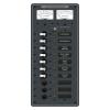 Blue Sea Systems 8082 PANEL DC 10 POS W/VOLT & AMTR DC 10 Position, 5-1/4" W x 11-1/2" H,black view 1