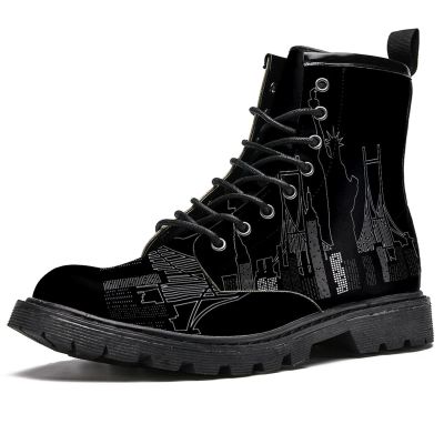 MAPOLO Women's High Top Boots Lace Up New York Night Time Winter Boots Casual Leather Slip Resistant Ankle Shoes Combat Boots