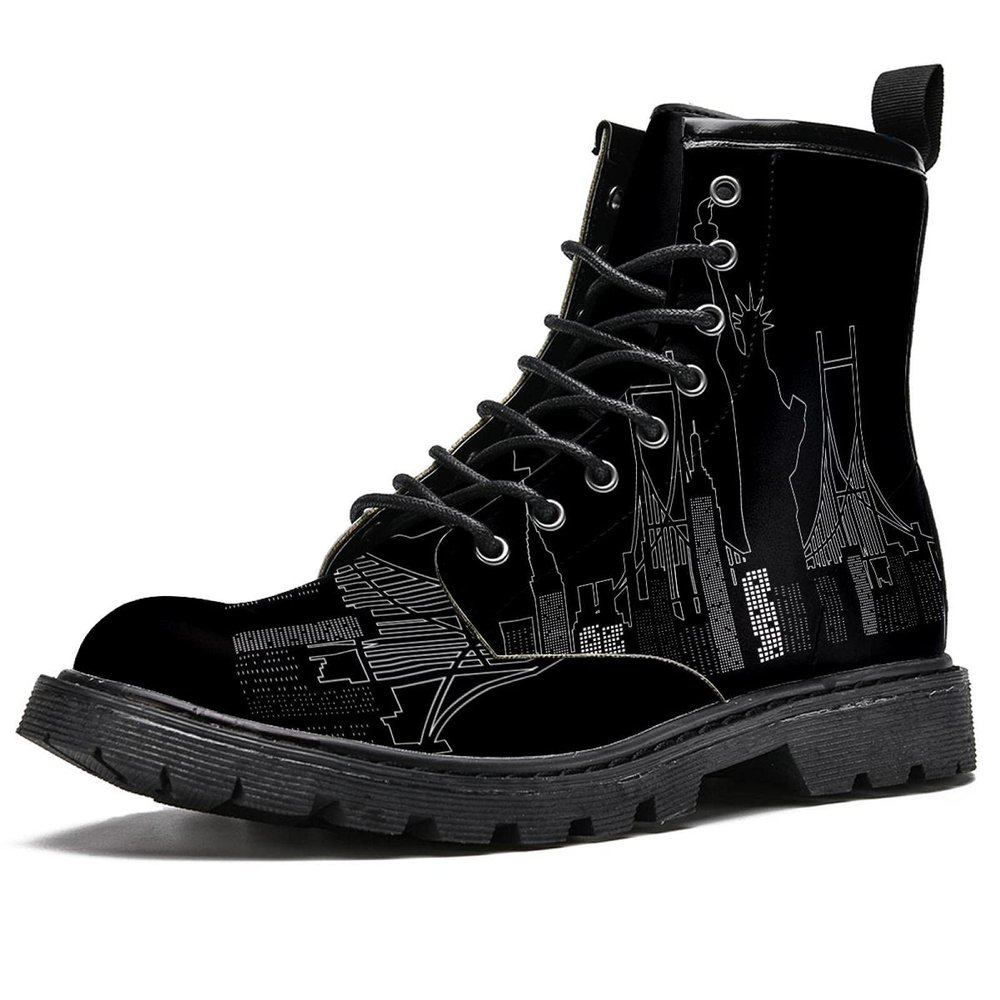 MAPOLO Women's High Top Boots Lace Up New York Night Time Winter Boots Casual Leather Slip Resistant Ankle Shoes Combat Boots