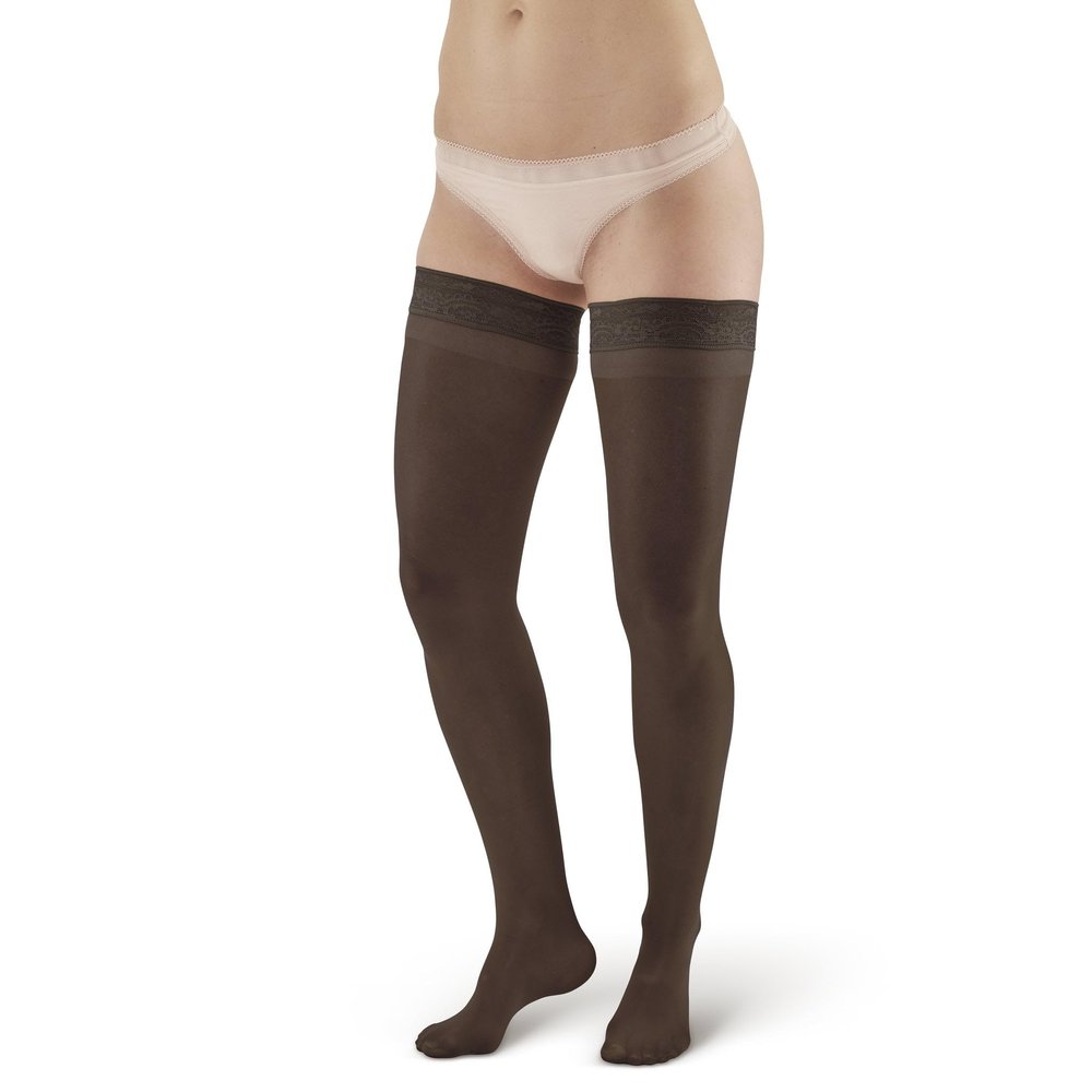 Ames Walker AW Style 74 Soft Sheer 8-15 mmHg Mild Compression Thigh High Stockings w/Band Black Medium