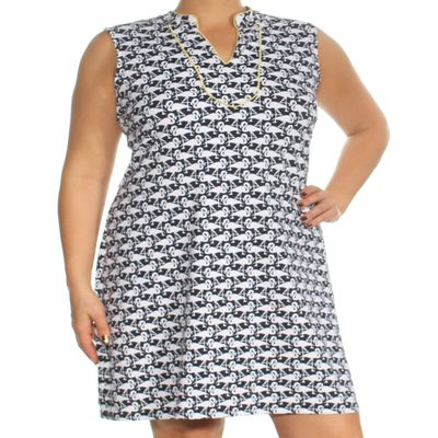 Charter CIub Printed Split Neck Shift Dress Intrepid Blue Flamingos L