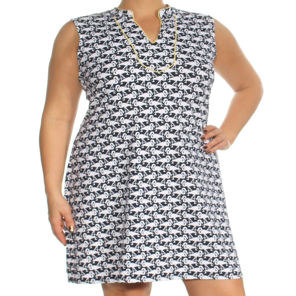 Charter CIub Printed Split Neck Shift Dress Intrepid Blue Flamingos L