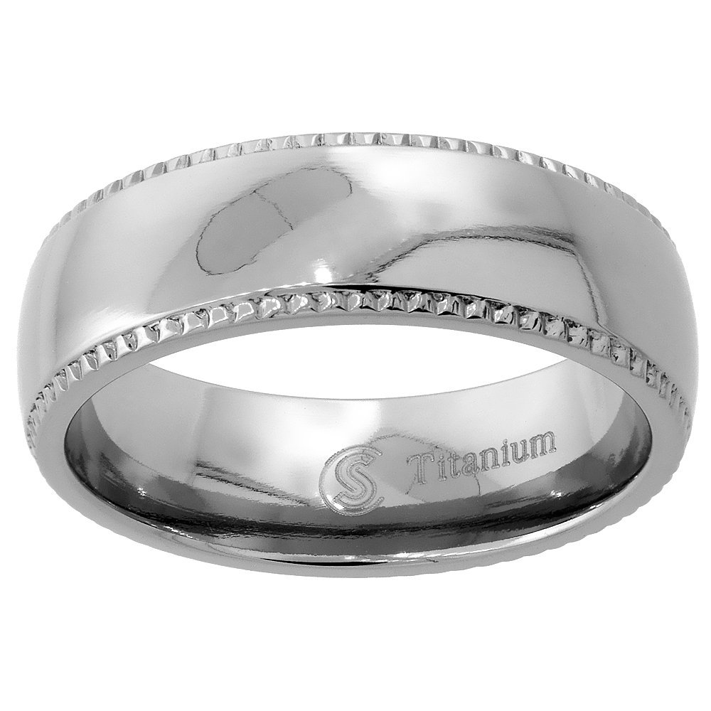 7mm Titanium Milgrain Wedding Band Ring Highly Polished Domed Comfort Fit Size 10.5