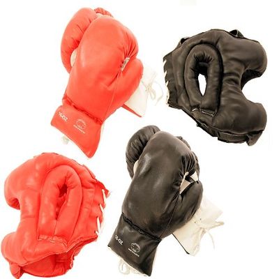 2 Head Gears with 2 Pairs of Boxing Gloves Red & Black Set