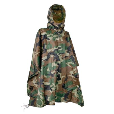 Mil-Tec Adult Ripstop Wet Weather Waterproof Rain Poncho with Hood, Can be Used as Bivouac Sack, Shelter Tent - Woodland Camo