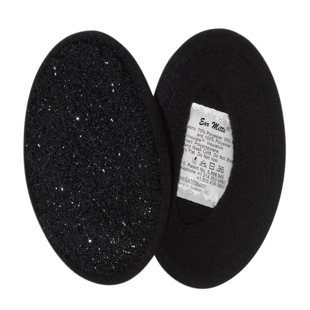 EAR MITTS Bandless Ear Muffs For Women, Black Sparkle Ear Warmers, Regular